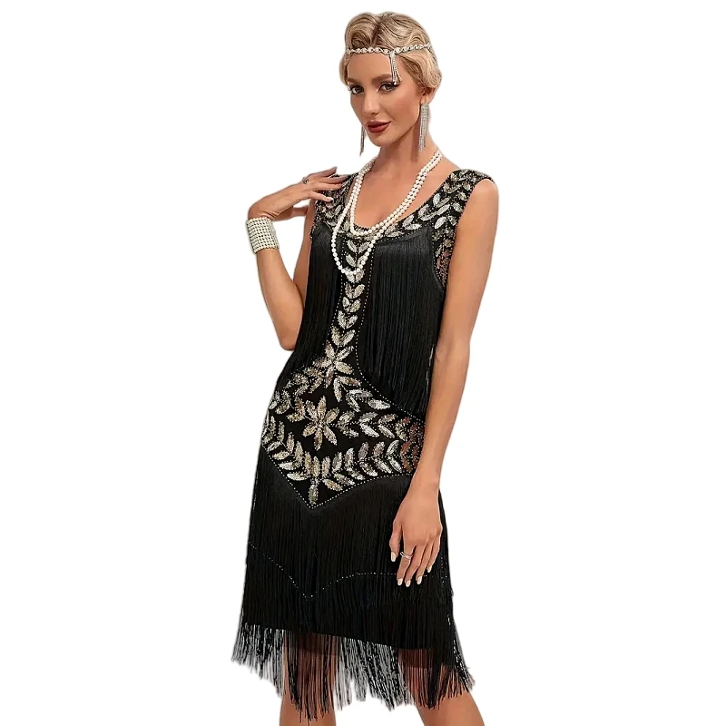 1920s Sleeveless Flapper Dresses Scoop Neck Great Gatsby Dresses Fringed Sequin Roaring 20s Dress