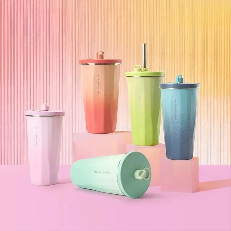

600ML Stainless Steel Coffee Cup With Straw Gradient Color Insulated Water Bottle Car Thermos Mug Cold Drink Vacuum Cup