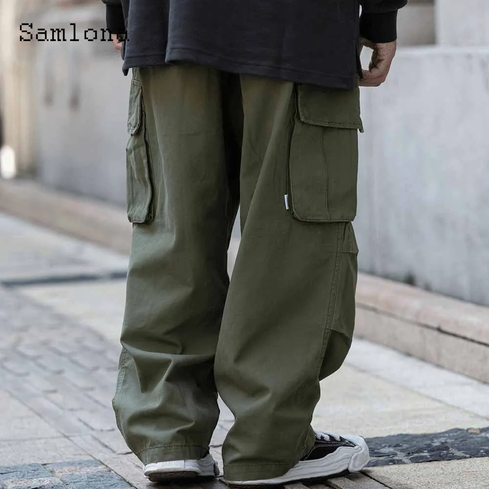 2023 Men's Stand Pocket Casual Wide Leg Pants Solid Green Khaki Cargo Trouser Plus Size Mens Fashion Sweatpants Men Streetwear