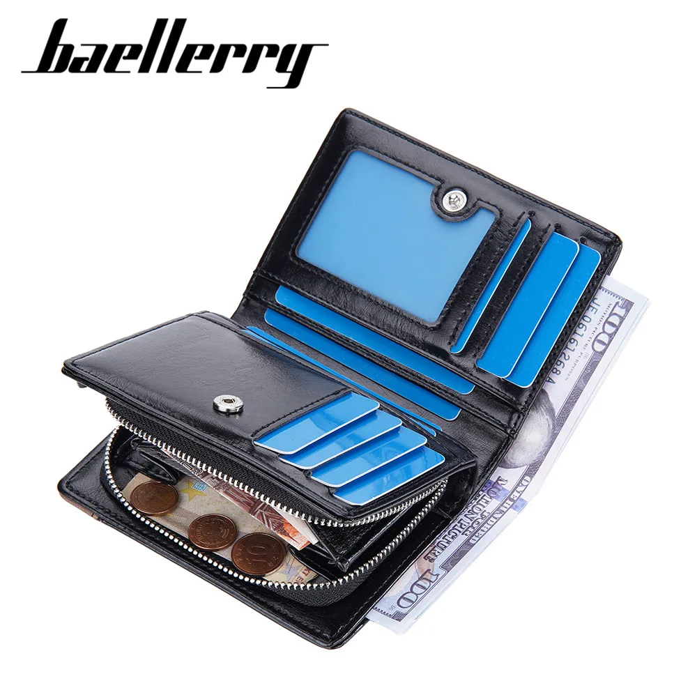 Baellerry Business Men Wallets Leather Purse with Zipper Coin Pocket High Quality Vintage Small Card Holder Money Wallet for Men