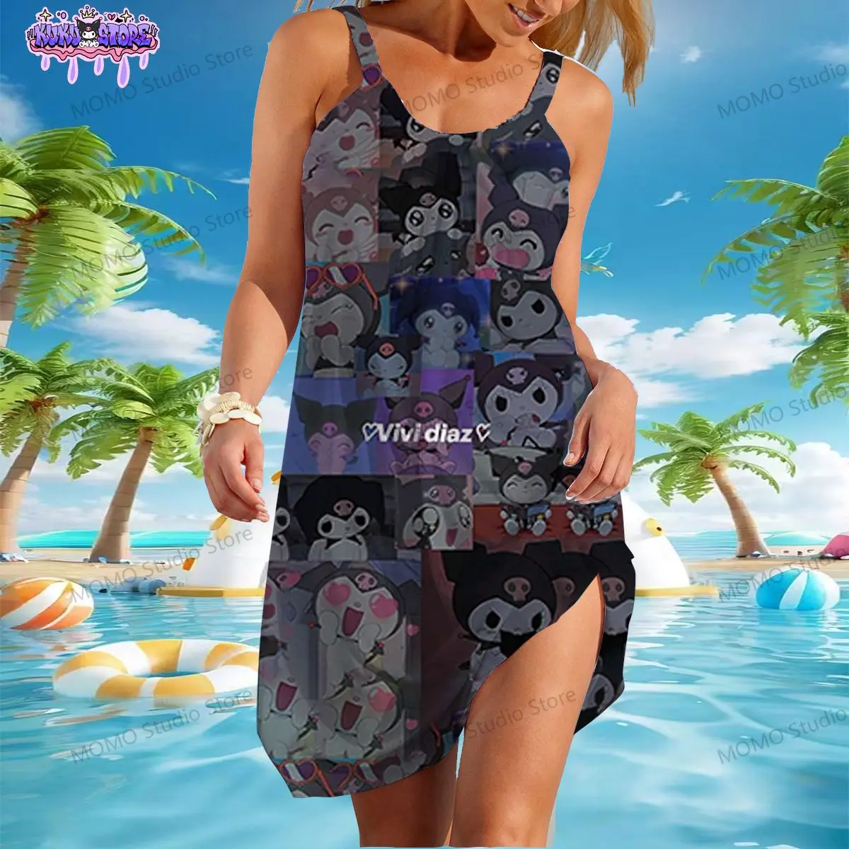 

Kawaii Kuromi Women's Beach Dresses Sling 2024 Summer One-piece Dress Y2k Sanrio Boho Youthful Woman Clothes S-3XL Fashion New