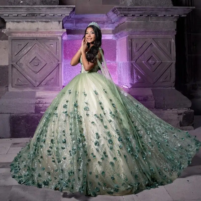 Sage สีเขียว Quinceanera Ball Gown เลื่อมลูกไม้ Applique ดอกไม้ลูกปัดคริสตัล Tull Corset หวาน 16 ชุด Vestidos De 15