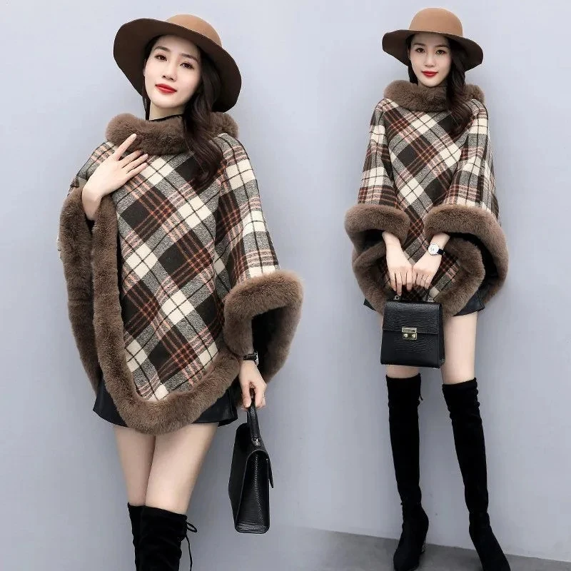 Add Velvet Cloak Shawl Women\'s Short Autumn/Winter Faux Fur Fashion Leopard Print A Style Thicken Warm Pullover Cloak Plaid Coat