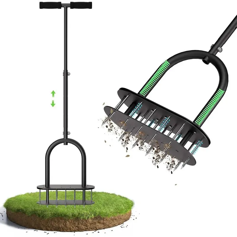 Manual Lawn Aerator with Padded T-Handle Wide Foot Plate & 3 Inch Solid Steel Spikes, Dual-Layer Labor-Saving Lawn Aeration Tool