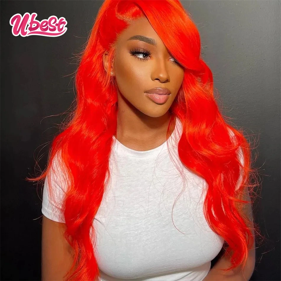 Ubest Wig rambut manusia 13X6 warna merah oranye 613 gelombang tubuh 13x4 Wig rambut manusia depan renda transparan untuk wanita