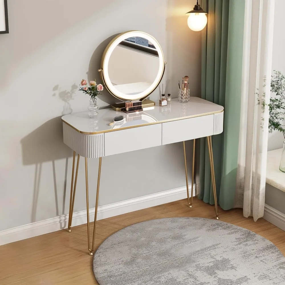 

Small Vanity Desk with Round Mirror and Lights| 39 Modern Vanity Table with 2 Drawers| Makeup Dressing Table for Bedroom