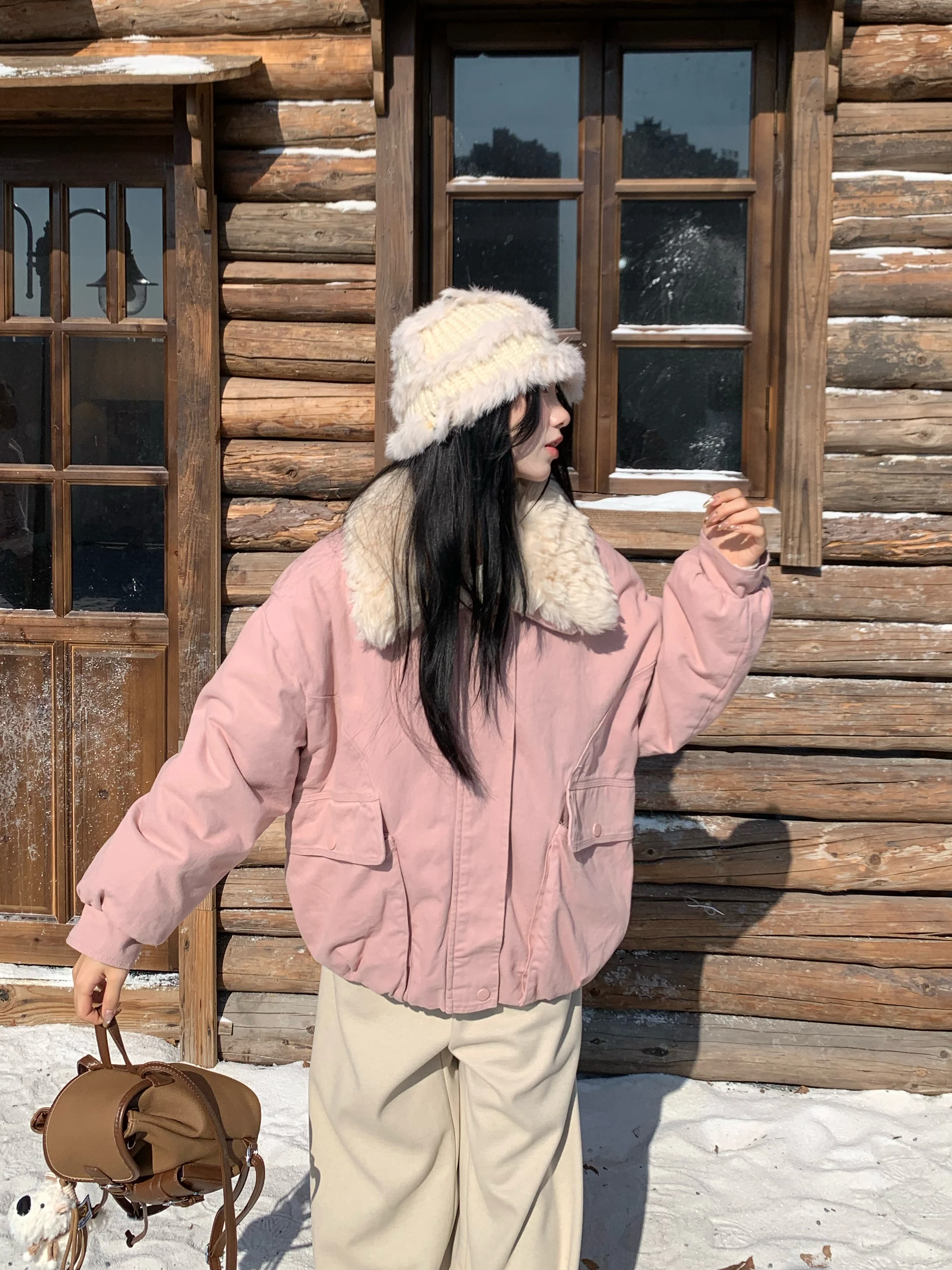 

DOMX Women's ort Thiened Winter Jaet Removable Fur Collar Korean Sle Retro Warm Fce Lined Coat Loose Fit Long Sve