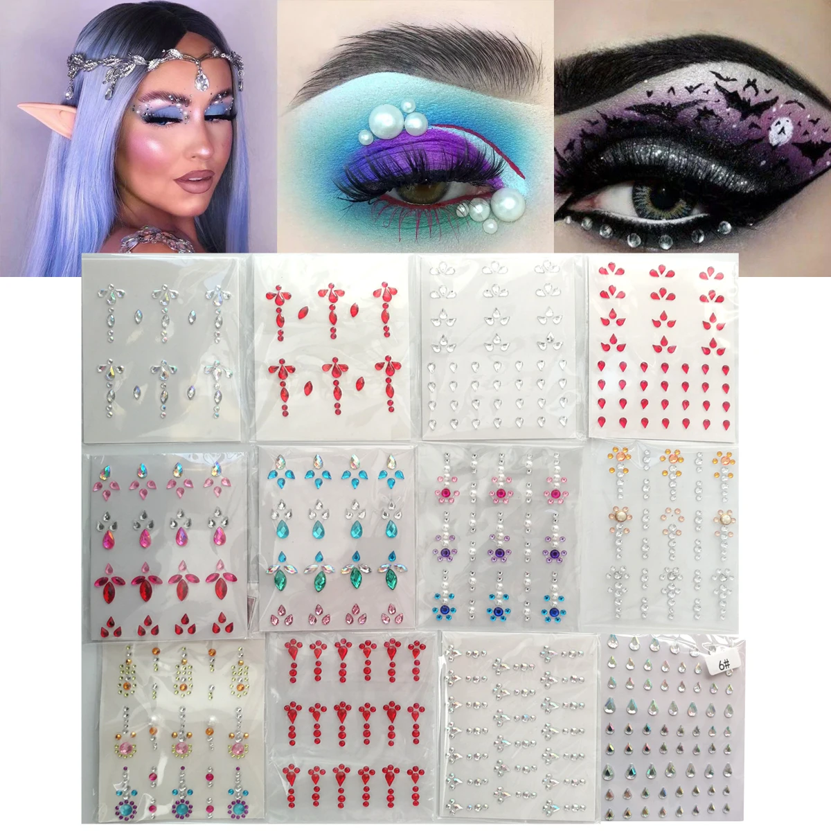 

12Sheets/Lot Makeup Music Festival Face Jewels Stickers Self-adhesive Crystal Face Decoration Sticker Fake Tattoos