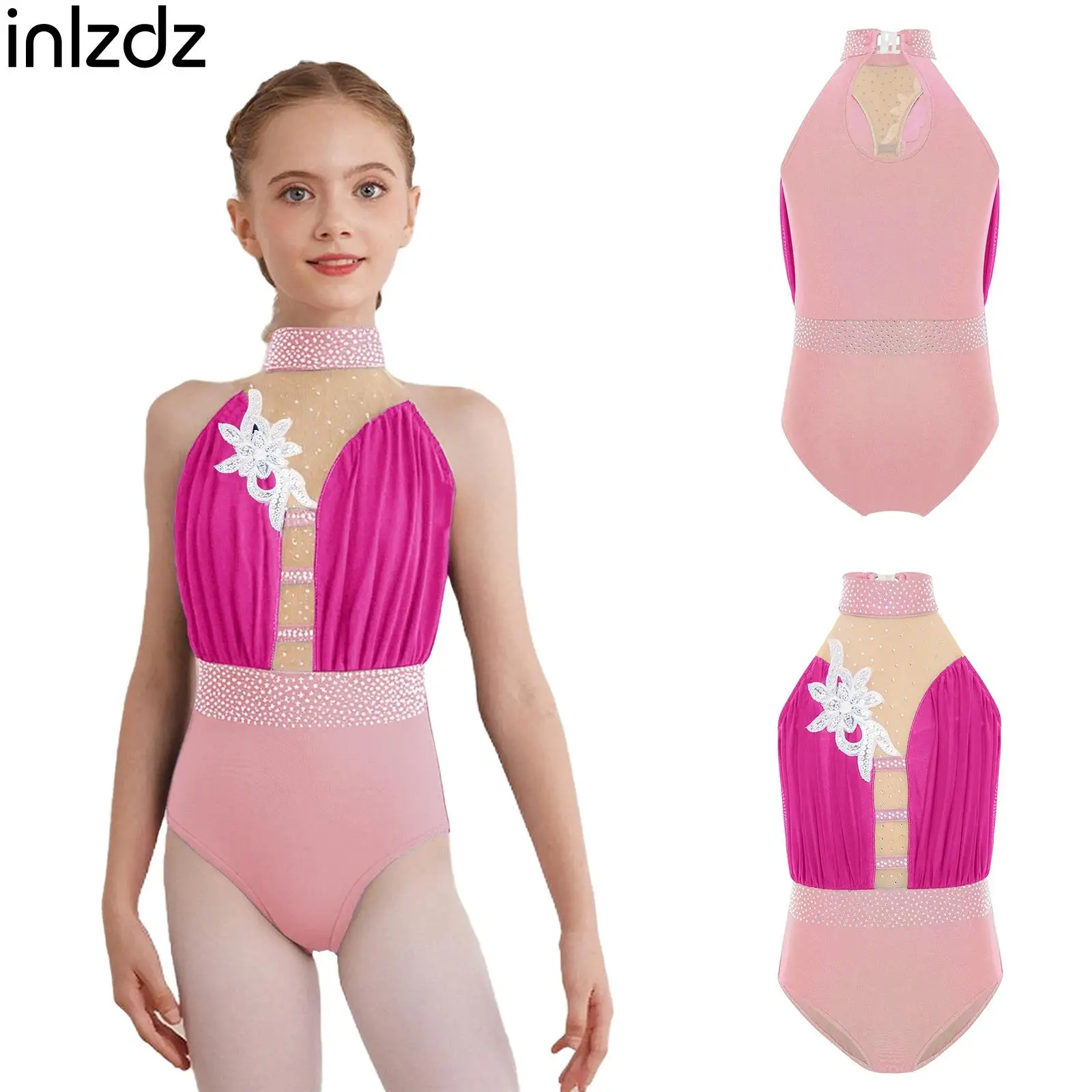 

Kids Girl Ballet Dance Gymnastics Leotards Sleeveless Applique Rhinestones Bodysuit Athletic Figure Skating Jumpsuit Dancewear