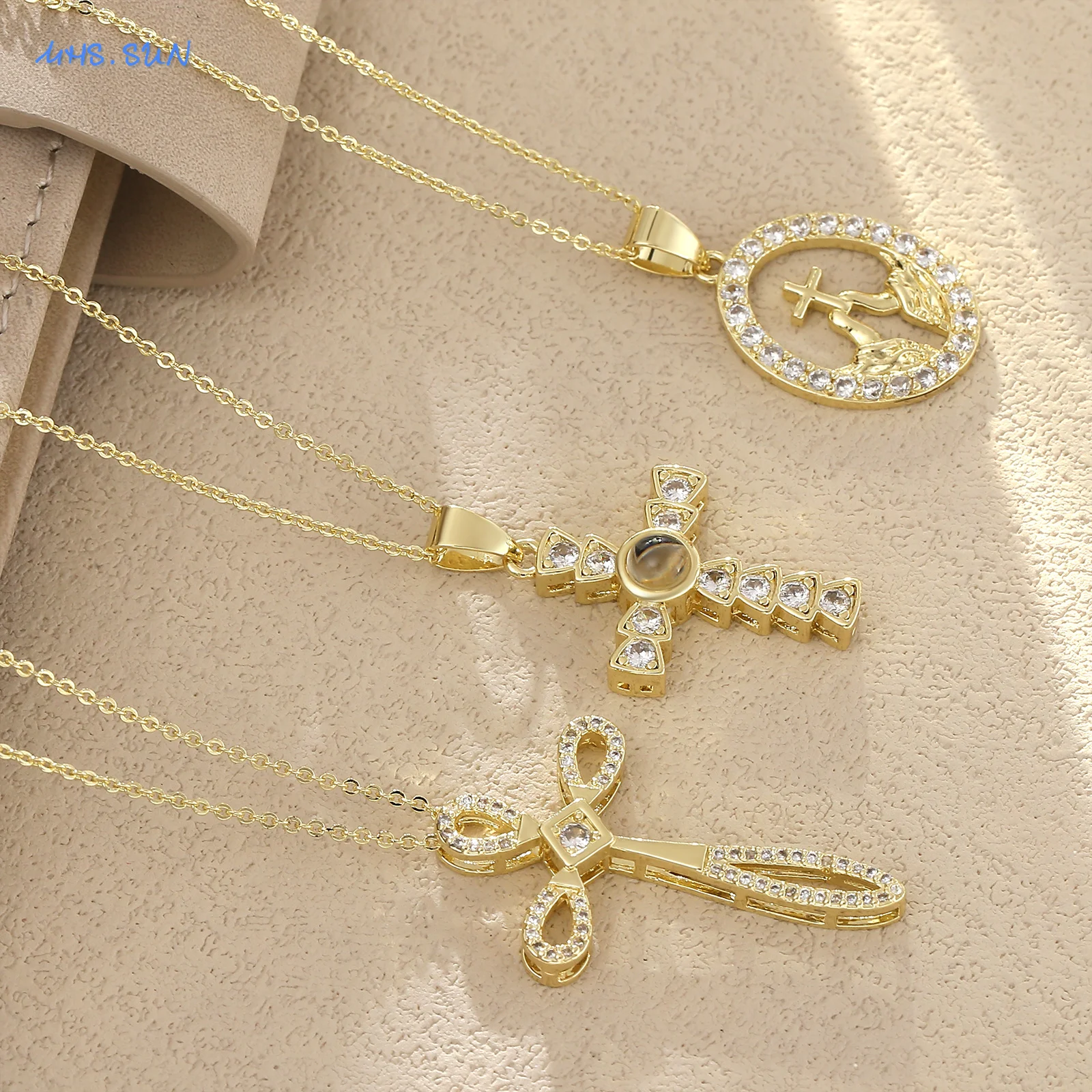 MHS.SUN 16 Styles Luxury Zircon Cross Pendant Necklace Fashion Unique Design Women 2025 New Gold Color Religious Jewelry Gifts