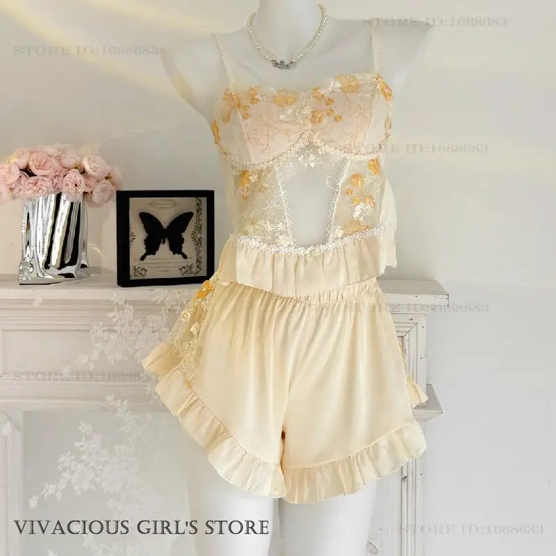 Female 4PCS Pajamas Set Sexy Patchwork Perspective Lace Sleepwear Loungewear Spring Summer Pijamas Suit Silk Satin Home Clothes