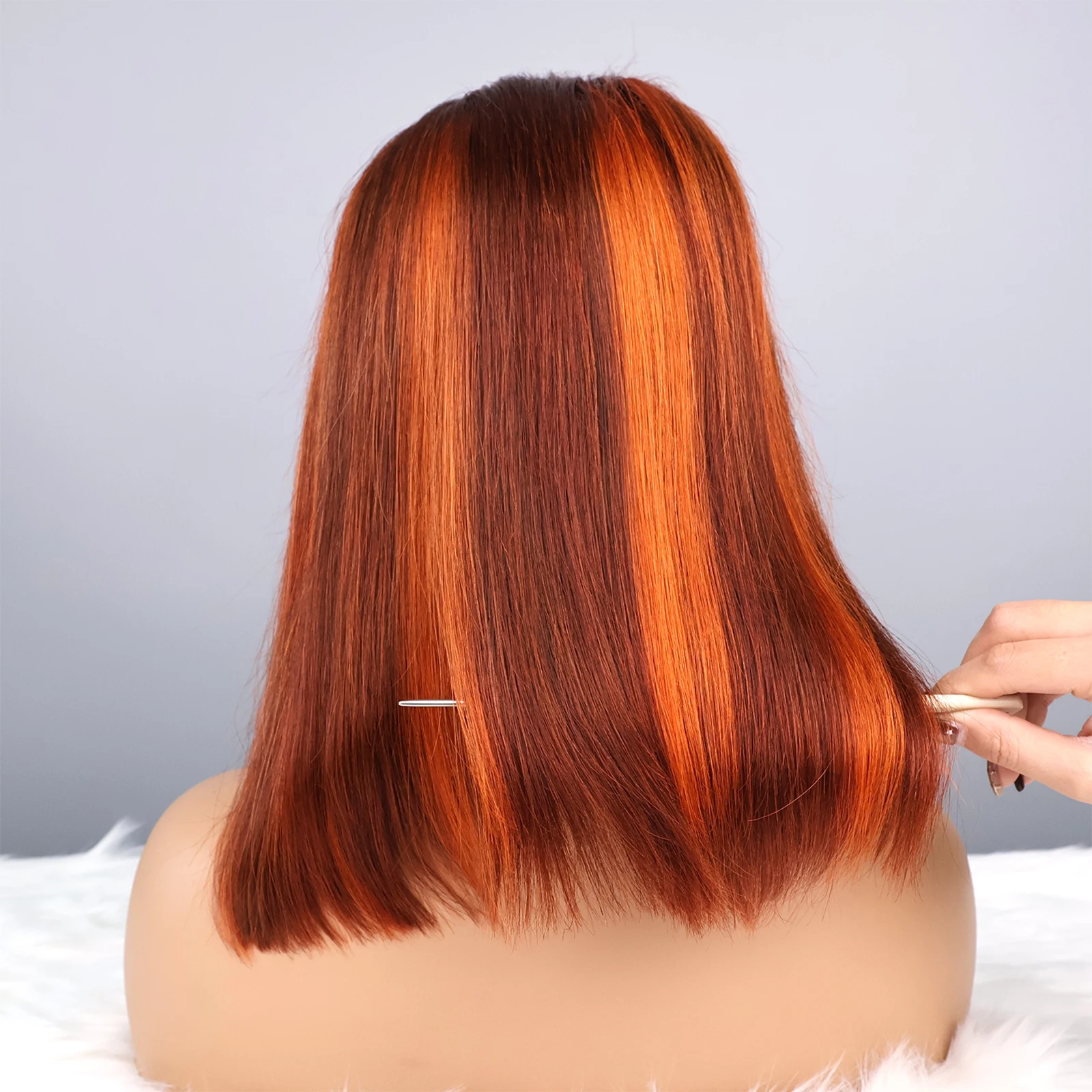 P4/350 ボーンストレートHD 13x4 フルレースフロント 人毛ウィッグ ハイライトブラウンジンジャー人毛ウィッグ ショートストレートボブウィッグ 200%