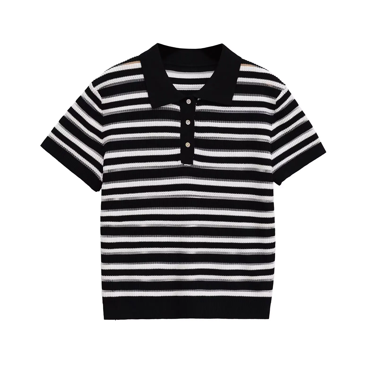 Top a maniche corte con colletto POLO lavorato a maglia a righe abbottonate retrò francese casual da donna dell'estate 2025