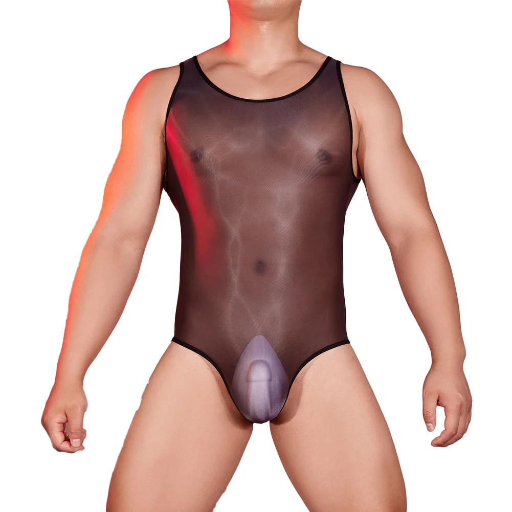 Malha pura masculina ver através do bodysuit, macacão transparente sem mangas, fenda alta apertada Collant elástico, Lingerie erótica sedutora