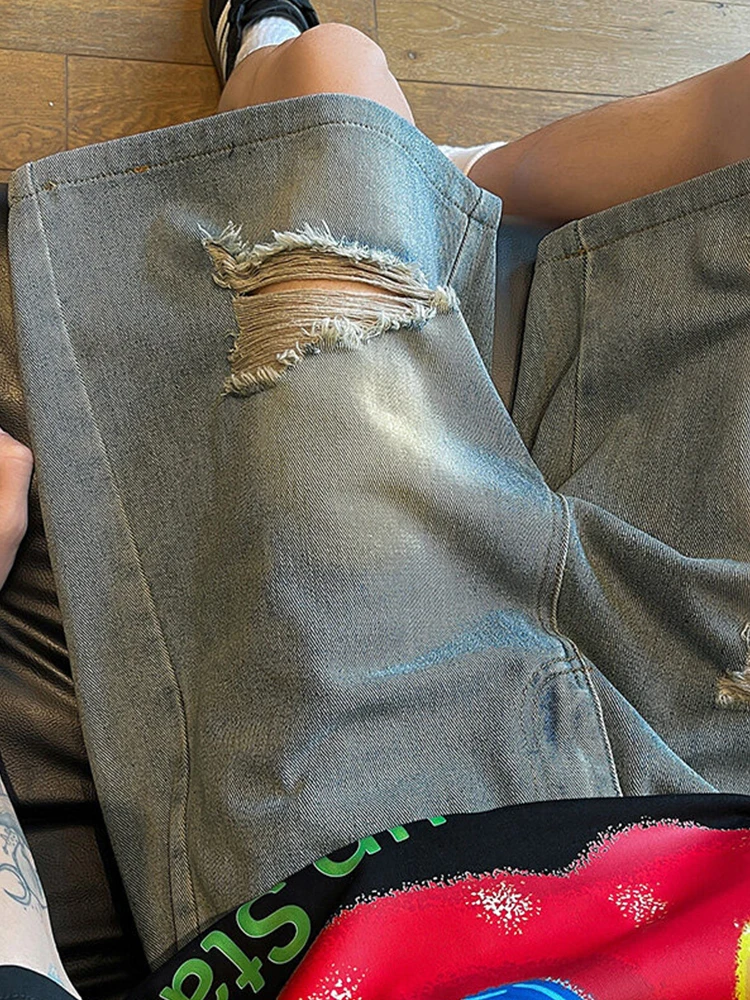 

Мужские летние джинсовые брюки в стиле ретро с американскими дырками, винтажные уличные брюки с тонкой талией Cleanfit, прямые брюки длиной пять четвертей, J...