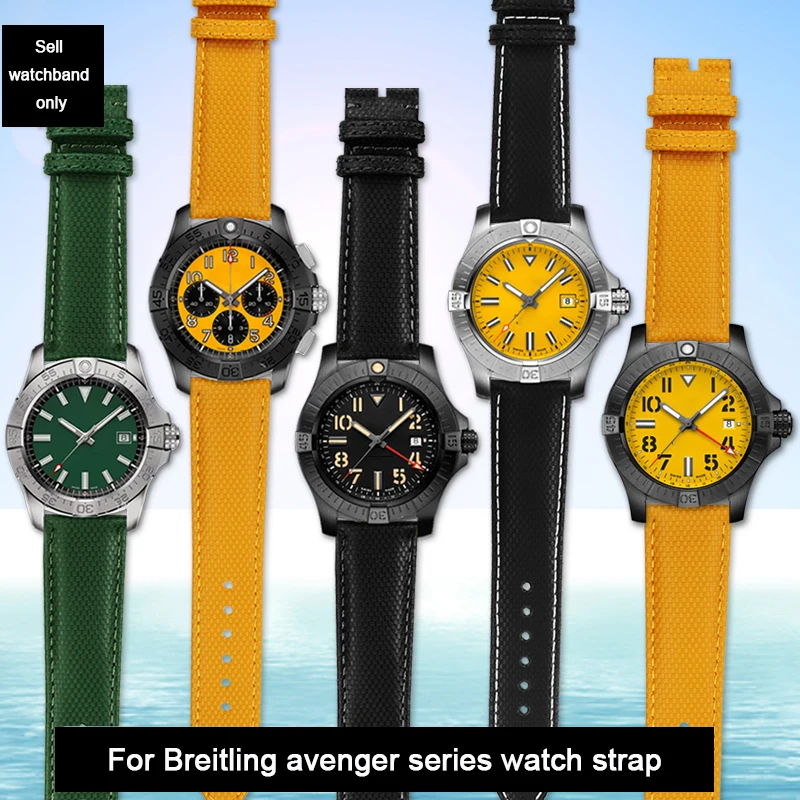 For Breitling Nylon Lea/ther watch Strap Yellow wolf SB0147 Blackbird Avenger canvas watchband 22mm men bracelet Folding buckle