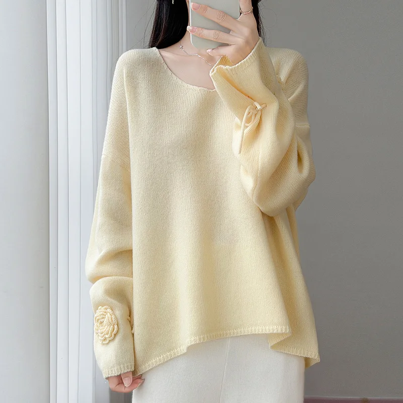 Women's 100%Merino Wool Pullover Sweater V‑Neck Cuff Crochet Rose Appliqué Drawstring Tie Premium Luxe Versatile Classy Knit Top