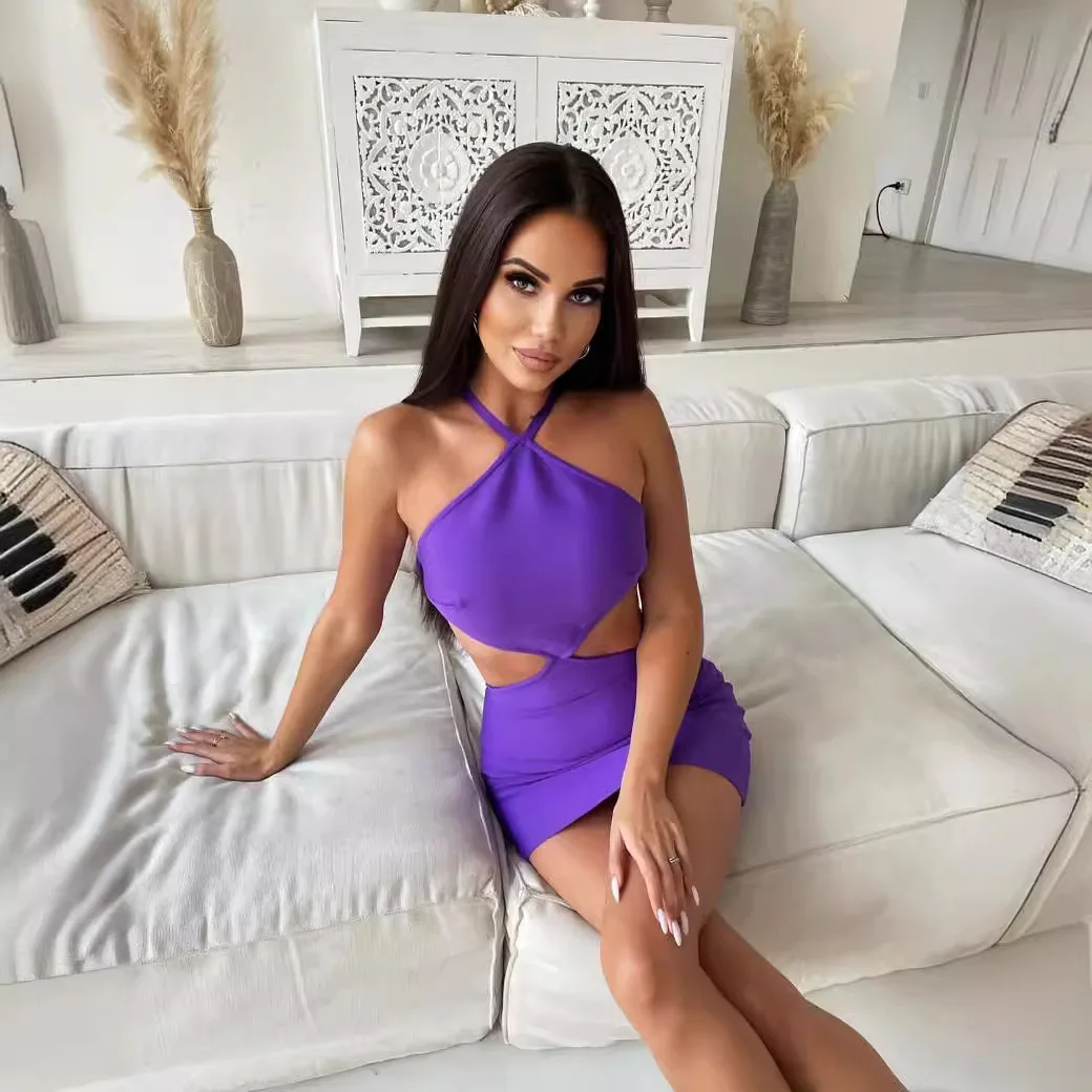 2024 Crossover Summer Women's Dress Hanging Neck Cross Cutout Halter Short Little Spice Girl Hip Dress