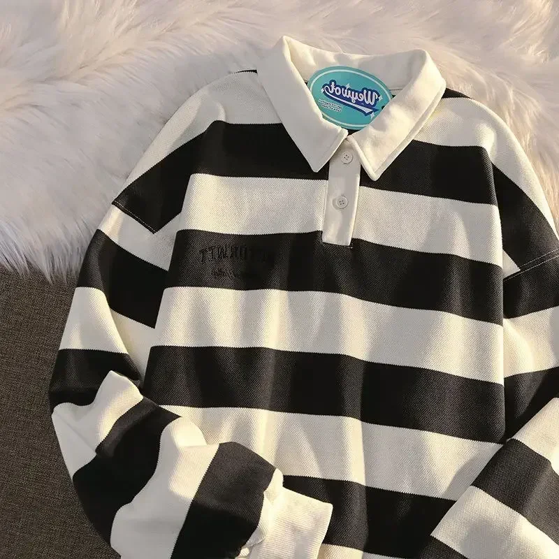 T Polo Shirts For Men Black Tops Oversize Male Clothes Big Size Embroidery Stripe Luxury Casual Full Sleeve High Brand Aesthetic