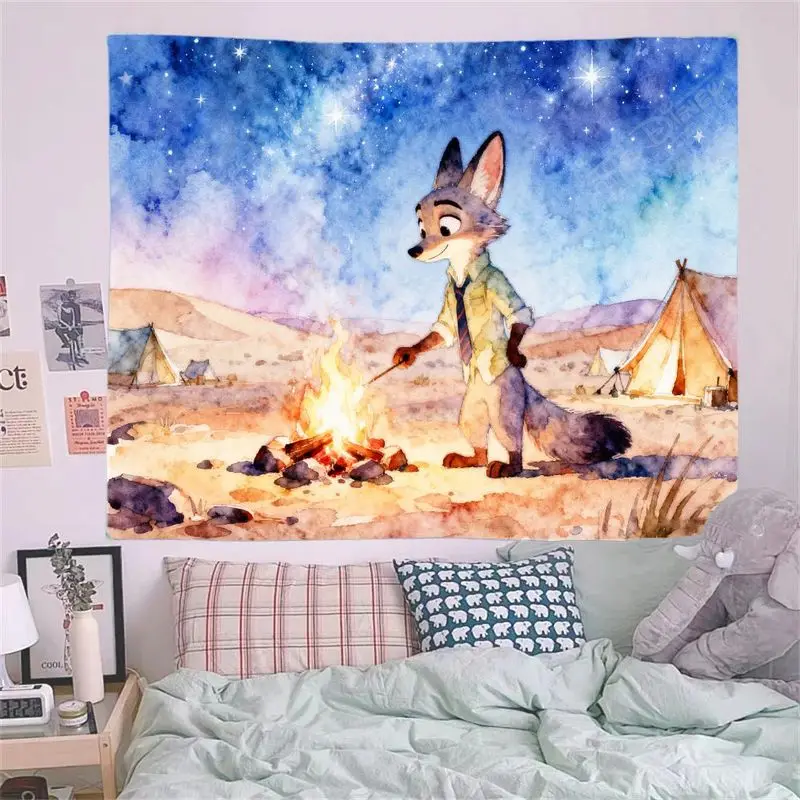 قطعة واحدة من نسيج Zootopia Nick Wilde Fox، ألوان مائية للصحراء والنار المرصعة بالنجوم ليلة جدارية لتزيين غرفة النوم المنزلية الحديثة كهدية.