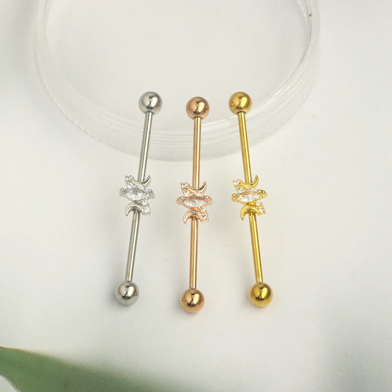 2023 new style moon zircon industrial earrings for women 38mm 1/2 inch 14g long industrial piercing body jewelry wholesales mix