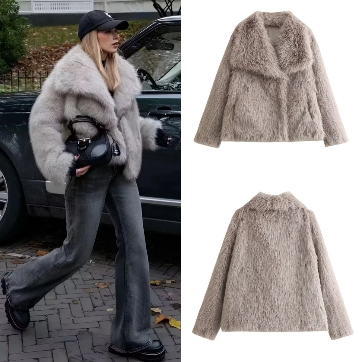 2024 Autumn Winter Women Casual Faux Fur Jackets Fashion Streetwear Solid Oversized Turn Down Collar Elegant Thick Coats