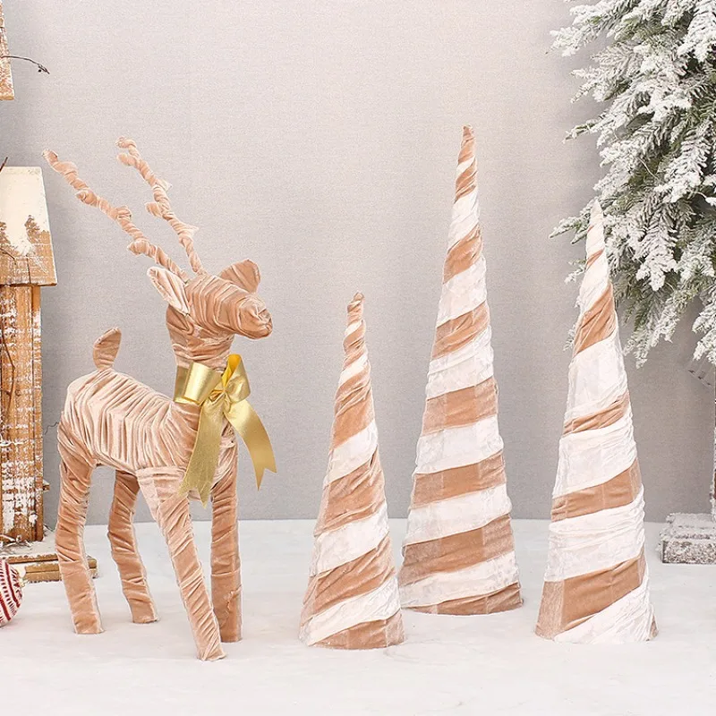 Christmas Decorations Christmas Spire Tree Three-Piece Set Iron Frame Christmas Tree Fabric Wrapped Christmas Deer Ornaments