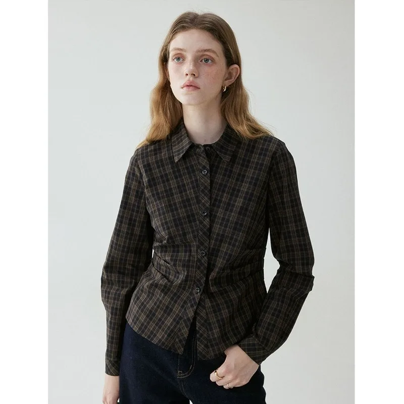 Womens Vintage Plaid Lapel Shirt Long Sleeve Pleated Waist Slim Fit Commute Casual Blouse