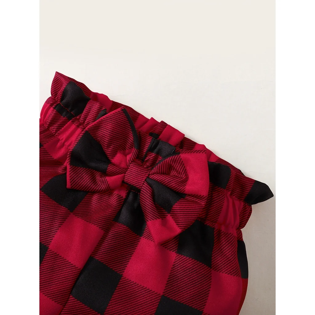 Baby Girl Christmas 3Pcs Outfit Sweet Cute Ruffle Bodysuit Plaid Pants Bow Headband for 0-18 Months Infant Xmas Clothing Set 5