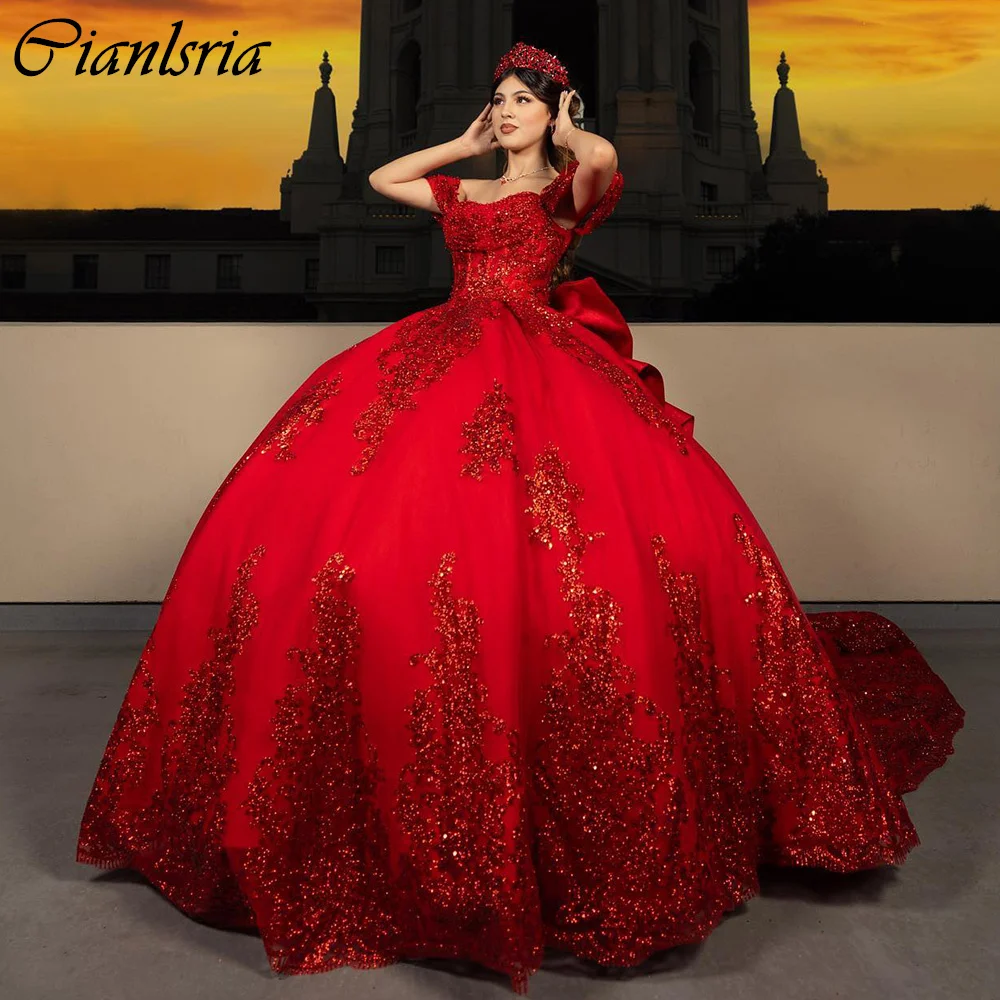 Vermelho fora do ombro vestido de baile lantejoulas, vestidos Quinceanera, pérolas com arco espartilho, apliques de renda, 15 anos