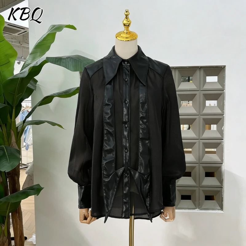 

KBQ Black Loose Spliced Folds Chic Shirts for Women Lapel Long Sleeve Vintage Commute Shirt Female Spring Fashion New Clothing