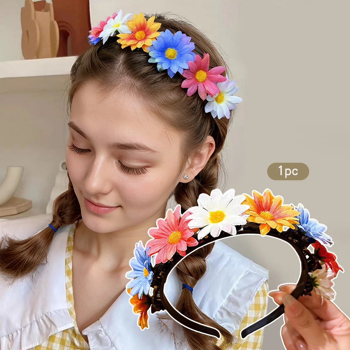 1 süßes und farbenfrohes, mit Blumen geflochtenes Haarband, geeignet für den täglichen Gebrauch als Haarschmuck-Stirnband