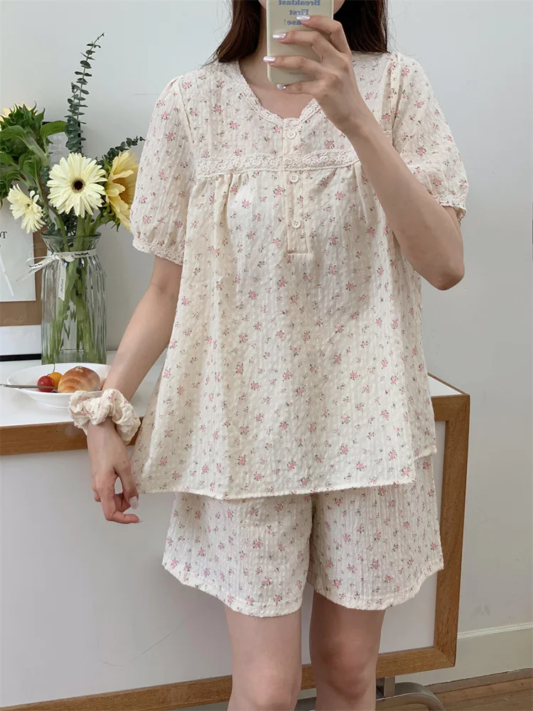 Soft Summer Floral Print Flowers 100%Cotton Sweet Short Sleeved Pajama Set Women Princess V-Neck Home Casual Sleep Tops Ins