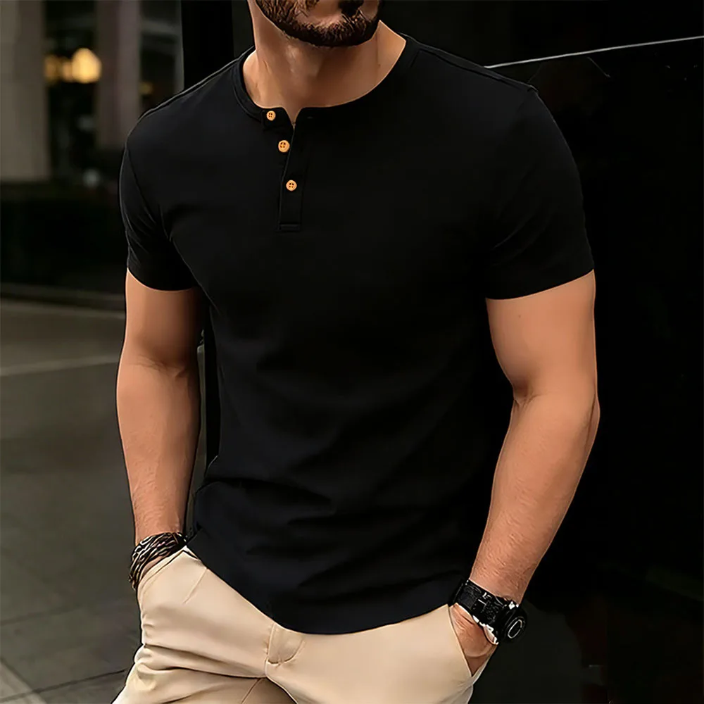 Sommer Herren Baumwoll-T-Shirt Einfarbig Atmungsaktiv Weicher Stoff Oberteile Kurzarm Henley-Ausschnitt Männliches Casual Basic Bequemes T-Shirt – Detail 7