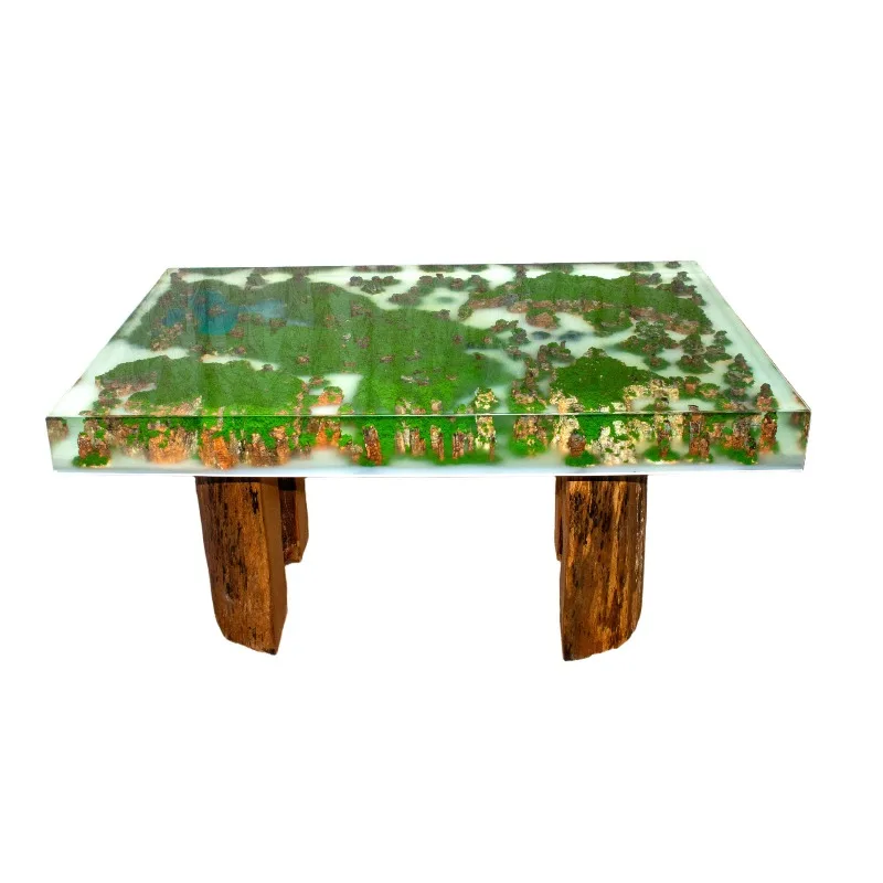 Resin plant mountain view cloud dining table, rectangular solid wood resin