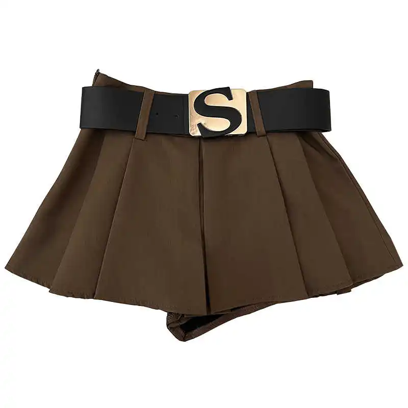 Bomon Design Sense Casual Hundred Letter Belt High Waist Slimming Skirt Skirt Anti-Slip Skirt Pleated Skirt Women's A-Line Skirt