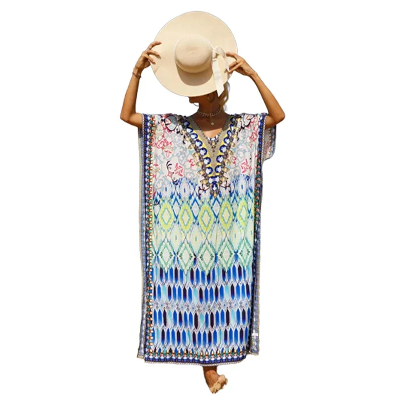 Bohemian Print Sun Protection Beach Cover Up Women's Side Split Hem V Neck Pullover Cover-ups Female Beachwear One Size Coverall