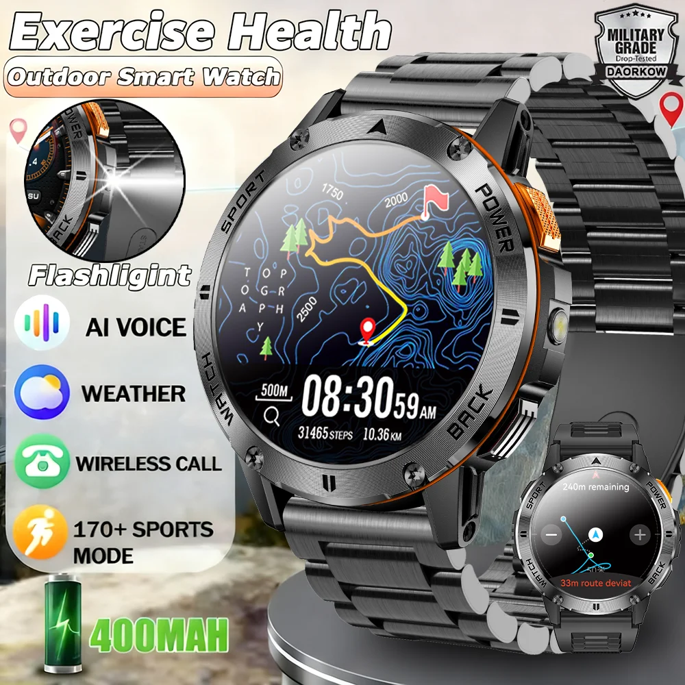 DAORKOW 아웃도어 밀리터리 스마트 워치 남성용 1.53'' HD 화면 심박수 혈압 블루투스 통화 방수 스마트 워치