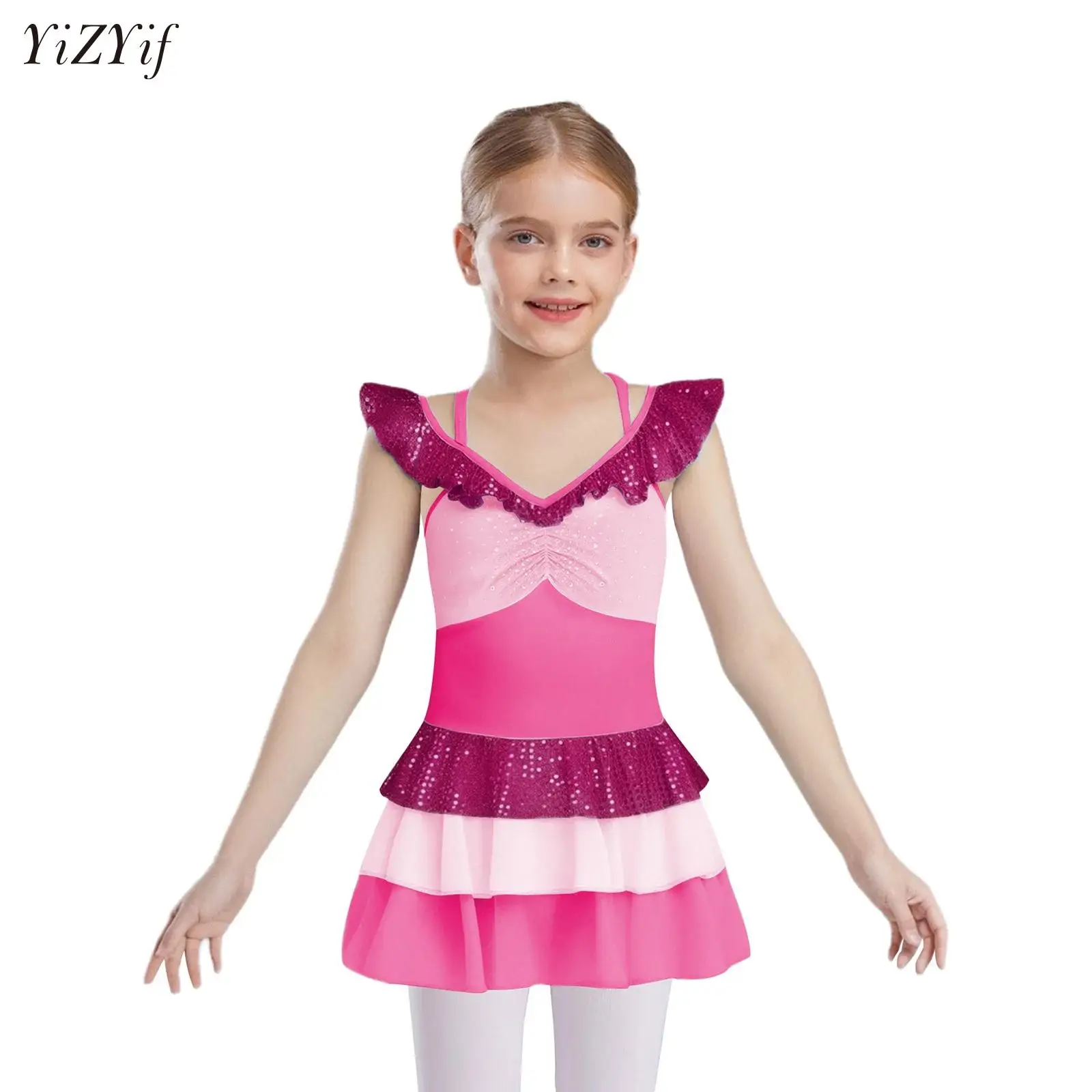 

Kids Girls Ruched Modern Lyrical Dance Tiered Dress Figure Ice Skating Dress Ballet Gymnastics Competition Performance Clothes