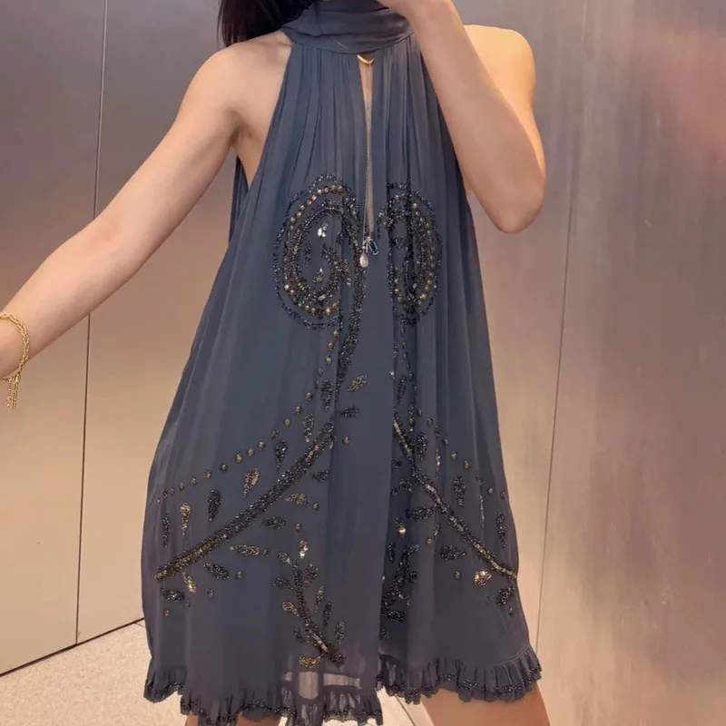 

Fashion Beaded Sequin Club Party Dress Elegant Hight Collar Hollow Solid Short Dress 2025 Casual Sleeveless Loose Women's Dress