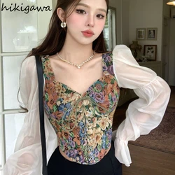 Sweet Crop Tops Vintage Blouse for Women Square Collar Puff Sleeve Tunic Shirts 2023 Blouse Mujer De Moda Bandage Floral Blouses