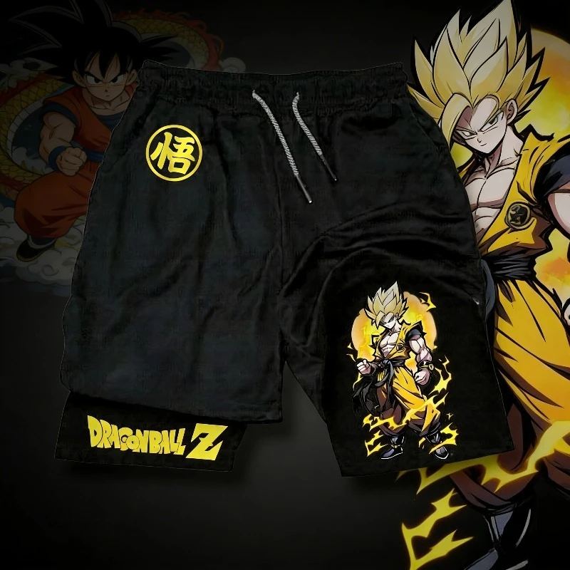 shorts-de-treino-dragon-ball-z-classico-com-posicao-de-batalha-do-goku-logotipo-lateral-direito-e-texto-cintura-ajustavel-com-cordao-roupa-de-academia