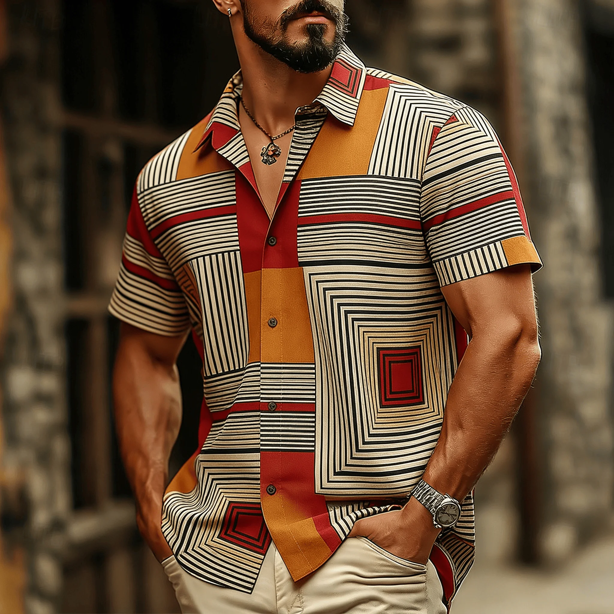 

Men's Retro Geometric Maze Color Block Short Sleeve Shirt, Spring Summer Modern Retro Casual Top, Pocket Lapel Style
