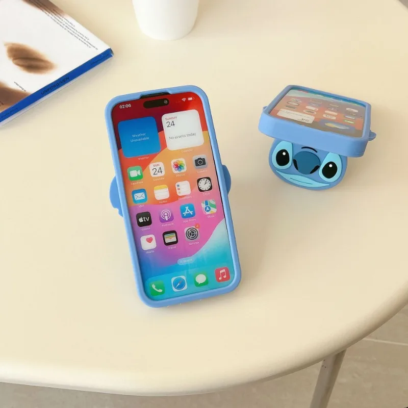 Disney Stitch with Mirror Silicone Cover for IPhone 16 15 14 Pro Max Case Kawaii 3D Cartoon with Makeup Mirror Stand Holder Gift