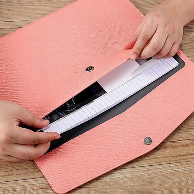 PU Leather A4 File Folder Document Holder Waterproof Portfolio Envelope Folder Case With Snap Closure Pink