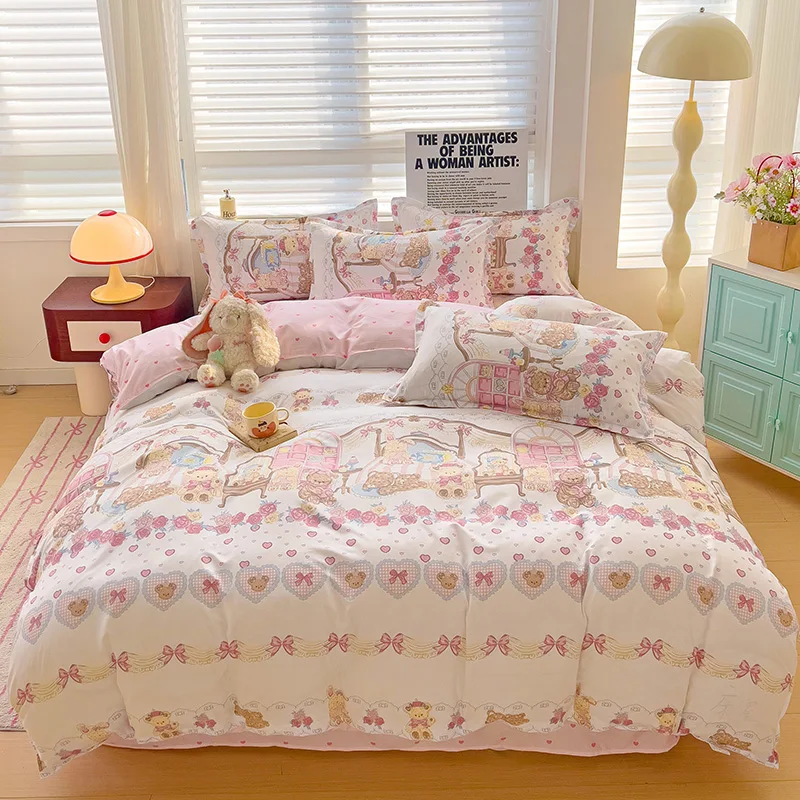 4PC Lolita Pink Bear Paradise Bedding Set, Soft Breathable All-season Bedding for Girly Bedrooms & Homestays