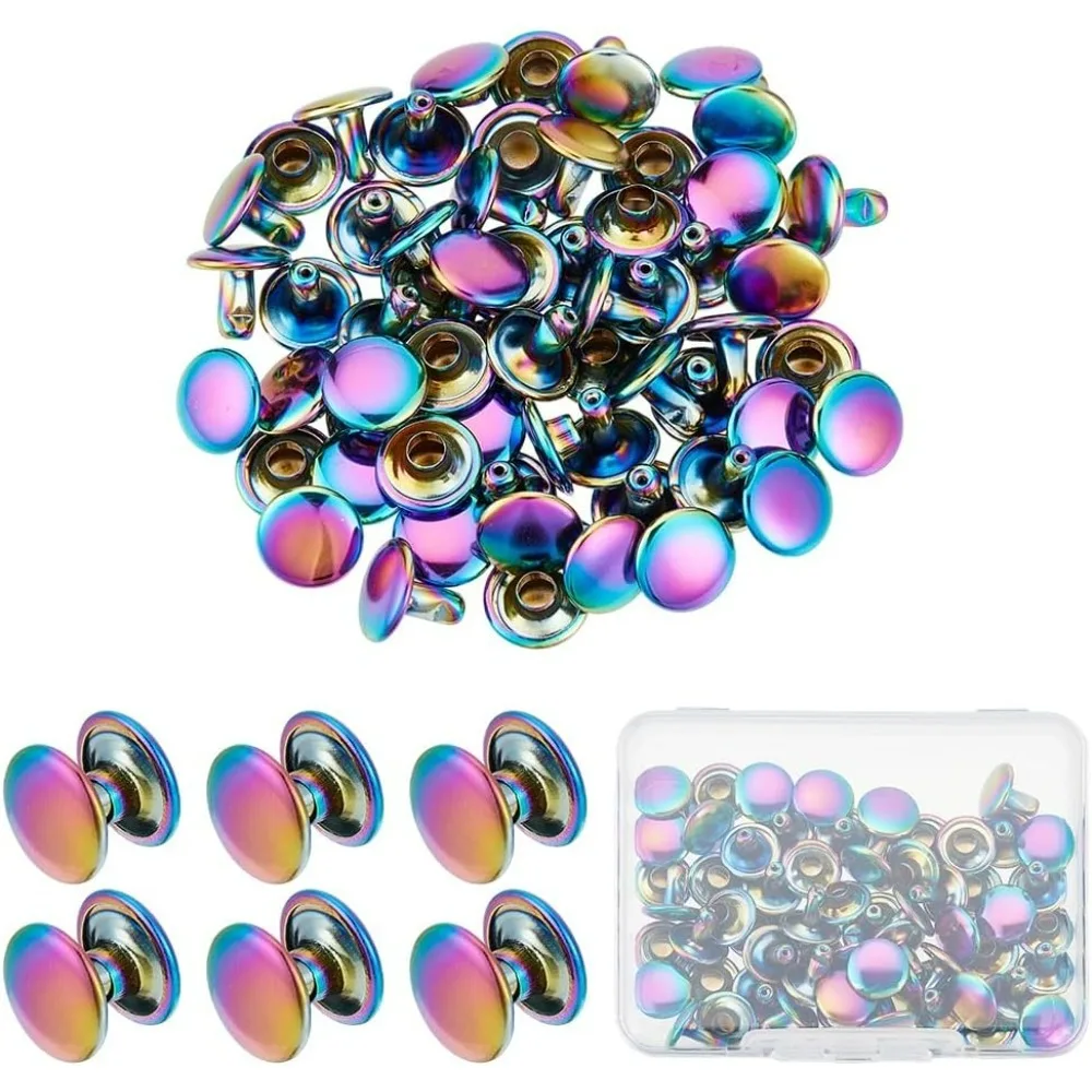 

30Sets Rainbow Double Cap Rivets Brass Metal Studs Rivets Punk Rock Style Round Head Stud for Leather DIY Crafting Repair