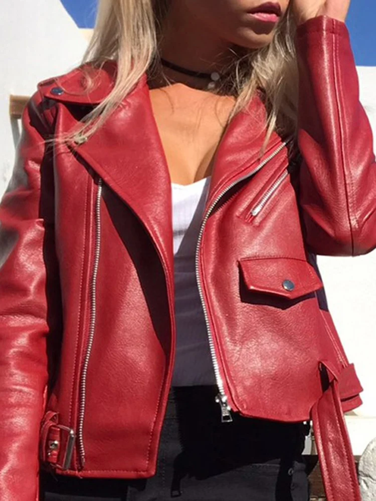 Sungtin Classic PU Leather Jacket Women Moto Biker Coat Short Faux Leather Jackets Y2K Female Streetwear Fashion Outerwear