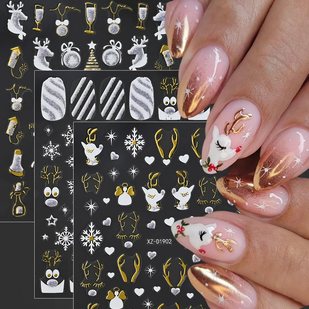1 szt. Naklejki na paznokcie 3D w kształcie złotego łosia, świąteczne, brokatowe płatki śniegu, Święty Mikołaj, zimowe, śnieżne naklejki samoprzylepne, urocze naklejki noworoczne