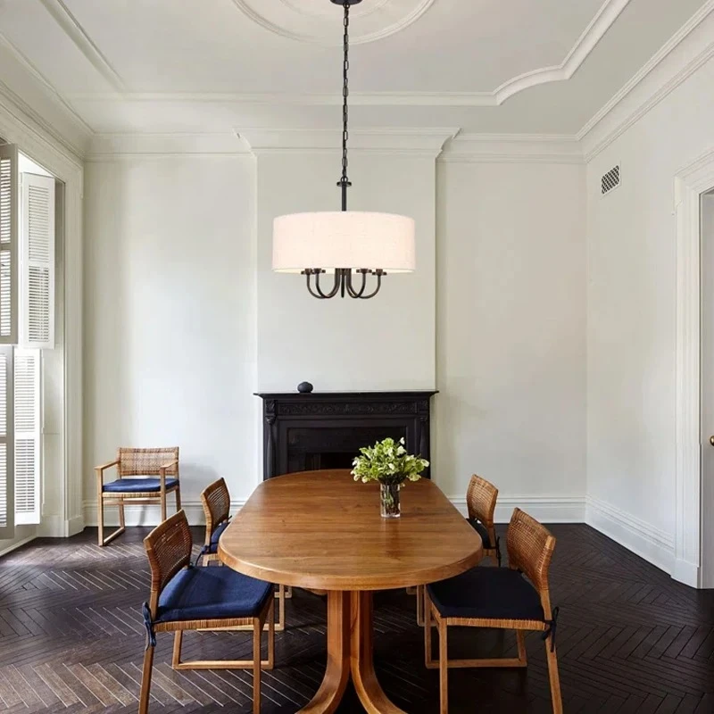 

American Rotundity Fabric LED Chandelier Black Wrought Iron Pendent Lights Restaurant Living Room Kitchen Bedroom Hanging Lamps